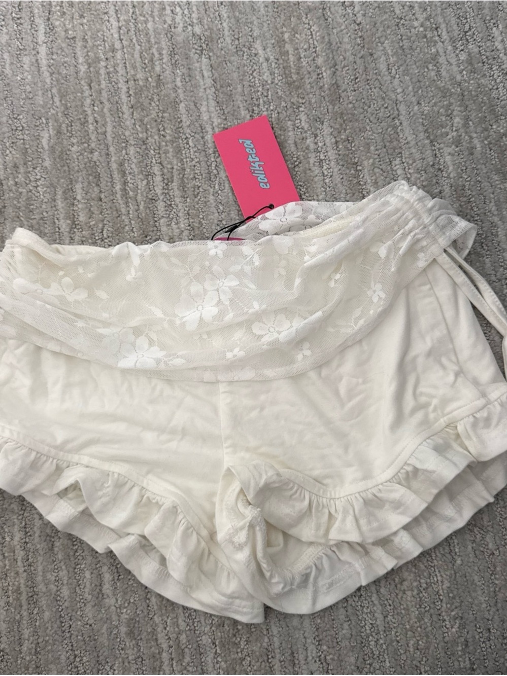Edikted White Lace-Trim Ruffle Shorts